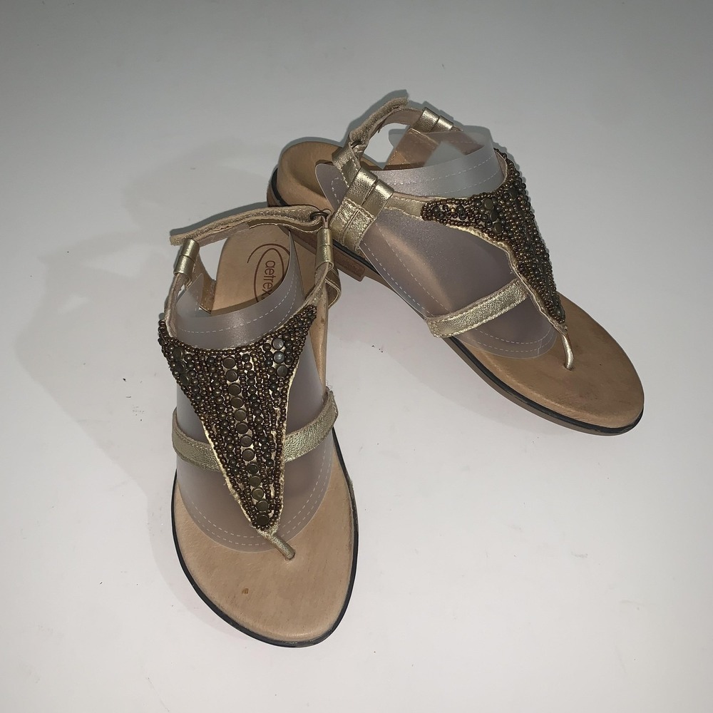 Aetrex Sandals Womens 6 Gold Synthetic Thong Beaded Comfort Shoes EU 36